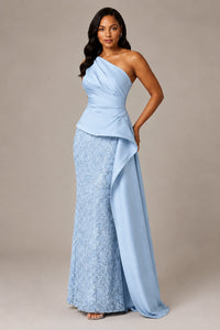 One-Shoulder Mother of the Bride Dress with Sequin Skirt and Peplum