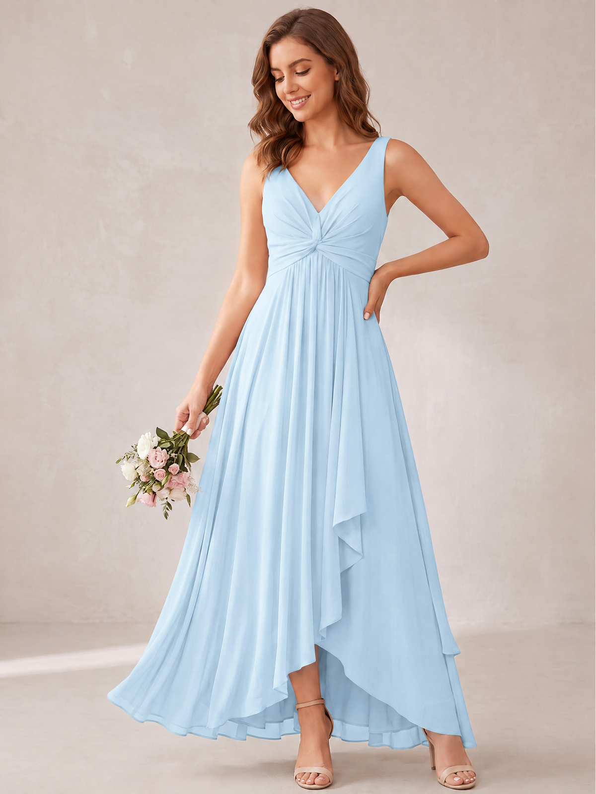V-Neck High-Low Chiffon Bridesmaid Dress with Ruffles