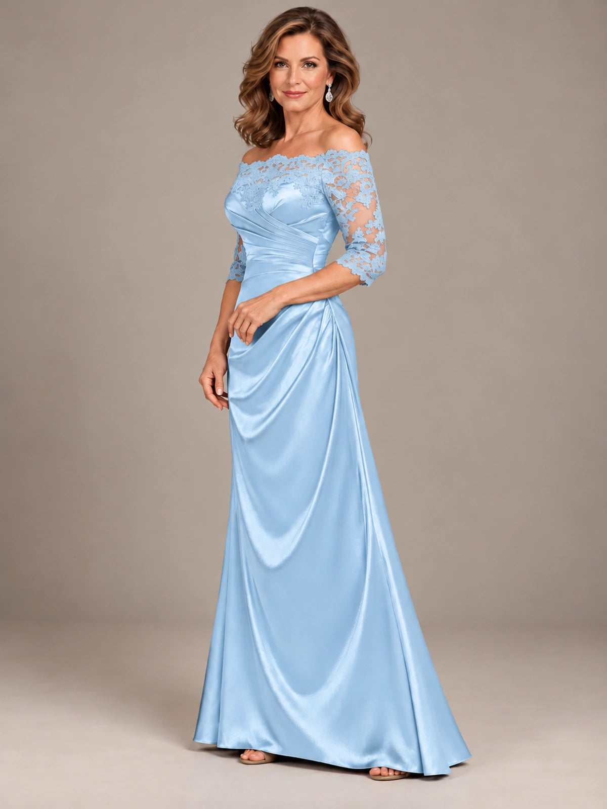 Satin Mother of the Bride Dress with Lace Sleeves Off Shoulder Formal Gown