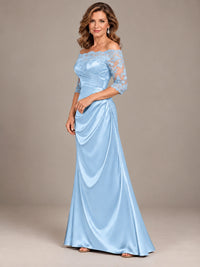 Satin Mother of the Bride Dress with Lace Sleeves Off Shoulder Formal Gown