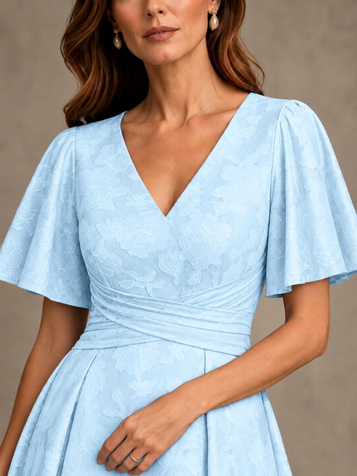 V-Neck Floral Jacquard Tea-Length Mother of the Bride Dress