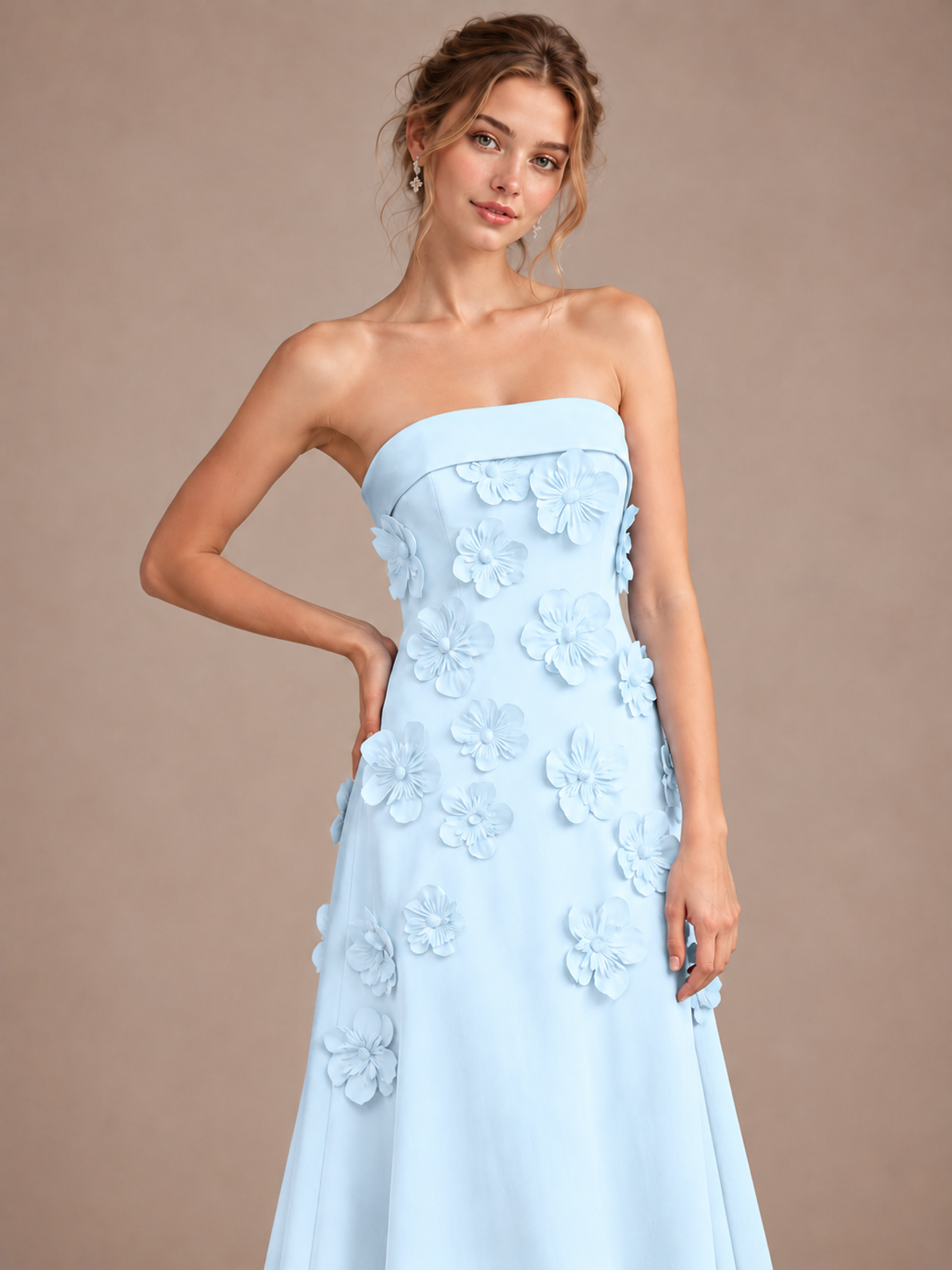 Yellow Strapless 3D Floral Appliques Maxi Dress