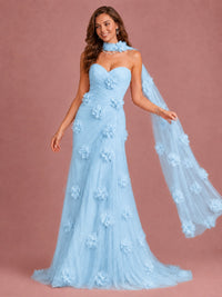 Blush Pink Strapless Sweetheart 3D Floral Tulle Mermaid Prom Dress