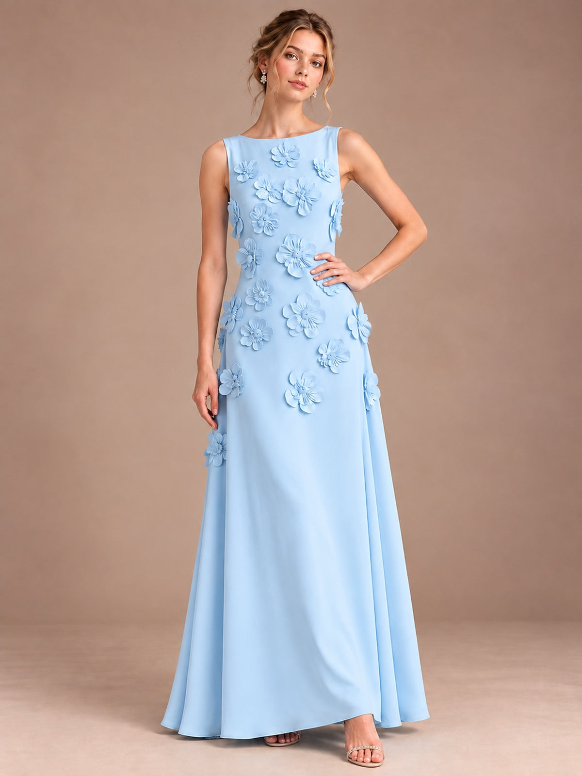 3D Floral Applique Sleeveless Formal Maxi Dress