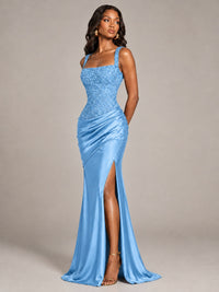 Scoop Neck Sequin Prom Dress with High Slit Satin Formal Gowns