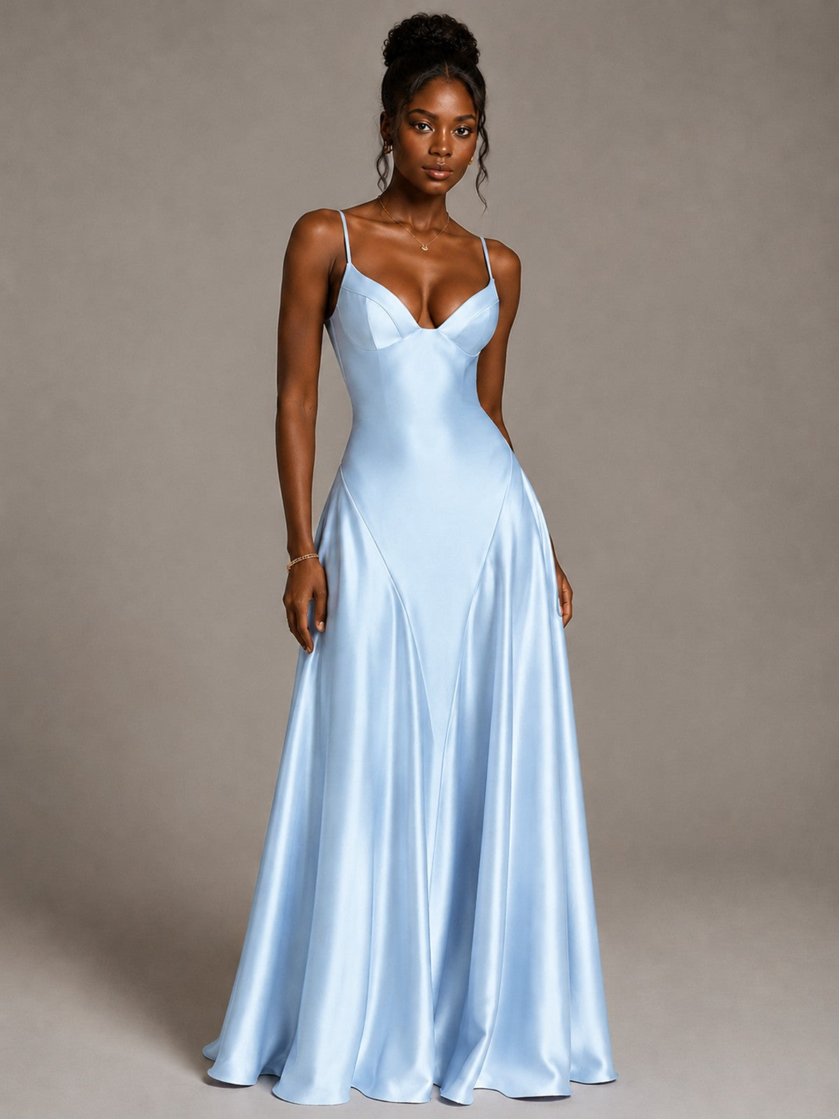 Lavender V Neck Satin Prom Dress with Spaghetti Straps