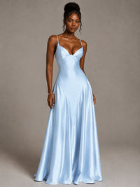 Lavender V Neck Satin Prom Dress with Spaghetti Straps