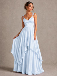 Lavender Satin V-Neck Ruffle Maxi Dress