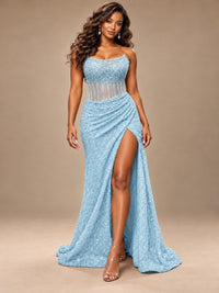 Gold Sequin Strapless Corset Prom Dress with High Slit