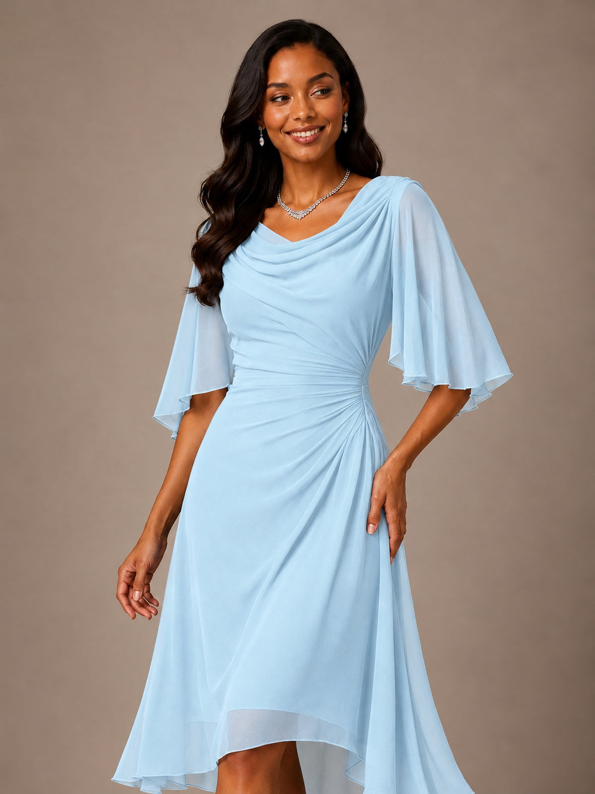 Cowl Neck Ruched Chiffon Mother of the Bride Dresses with Flutter Sleeves