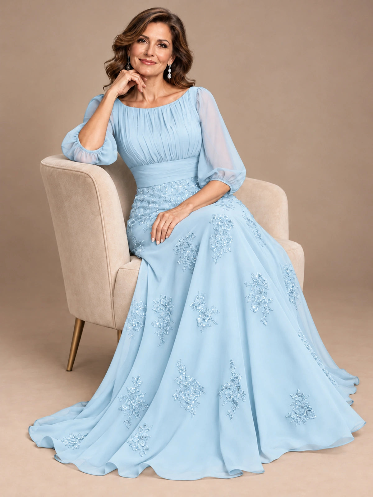 A-Line Mother of the Bride Dress with Sheer Puff Sleeves
