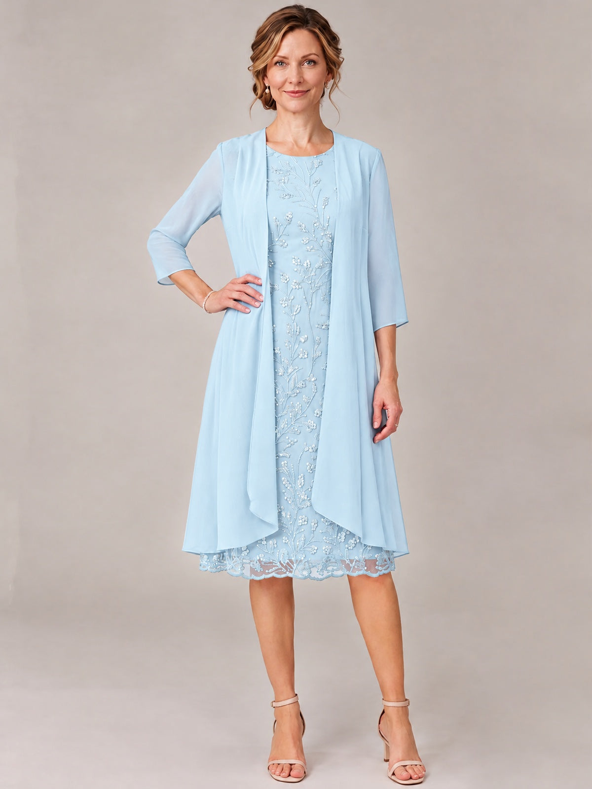Tea Length Sequin Lace Mother of The Bride Dress with Chiffon Jacket
