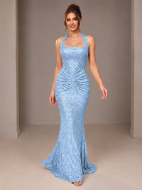 Gold Halter Sequin Mermaid Ruched Prom Dress Long Ruched Evening Gown