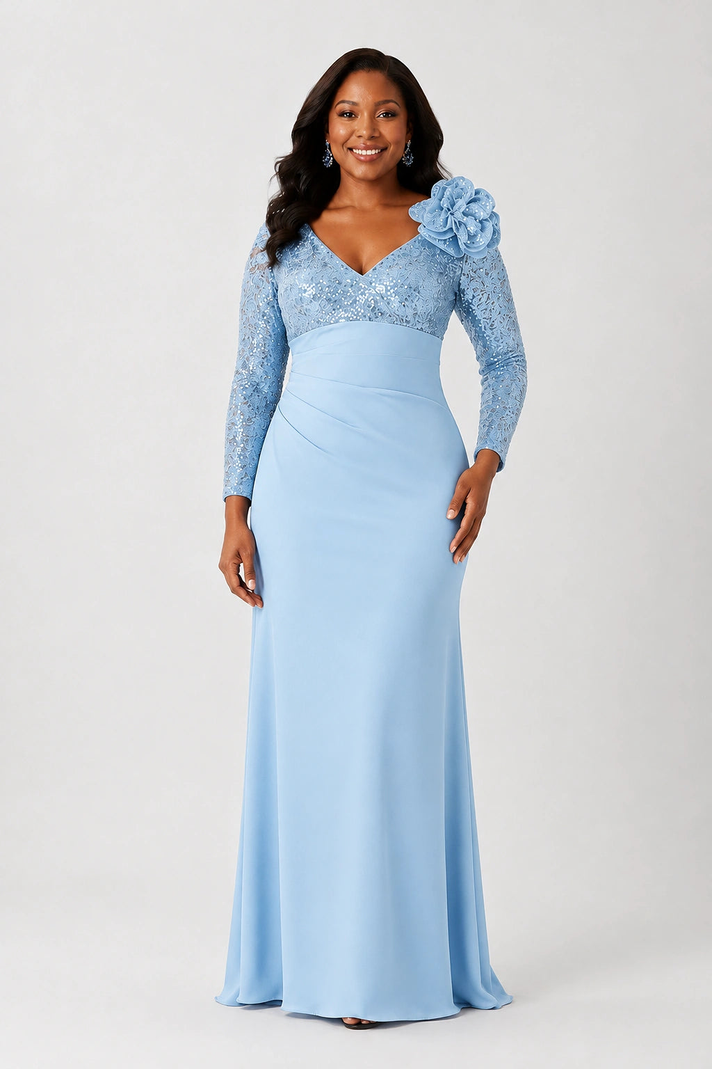 Sequin Mother of the Bride Dress with Long Sleeves 3D Floral V-Neck Gown