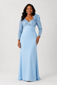 Sequin Mother of the Bride Dress with Long Sleeves 3D Floral V-Neck Gown