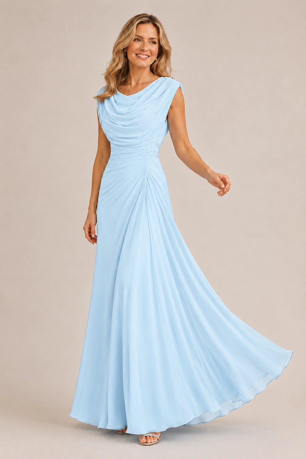Cowl Neck Ruched Chiffon Mother of the Bride Dress