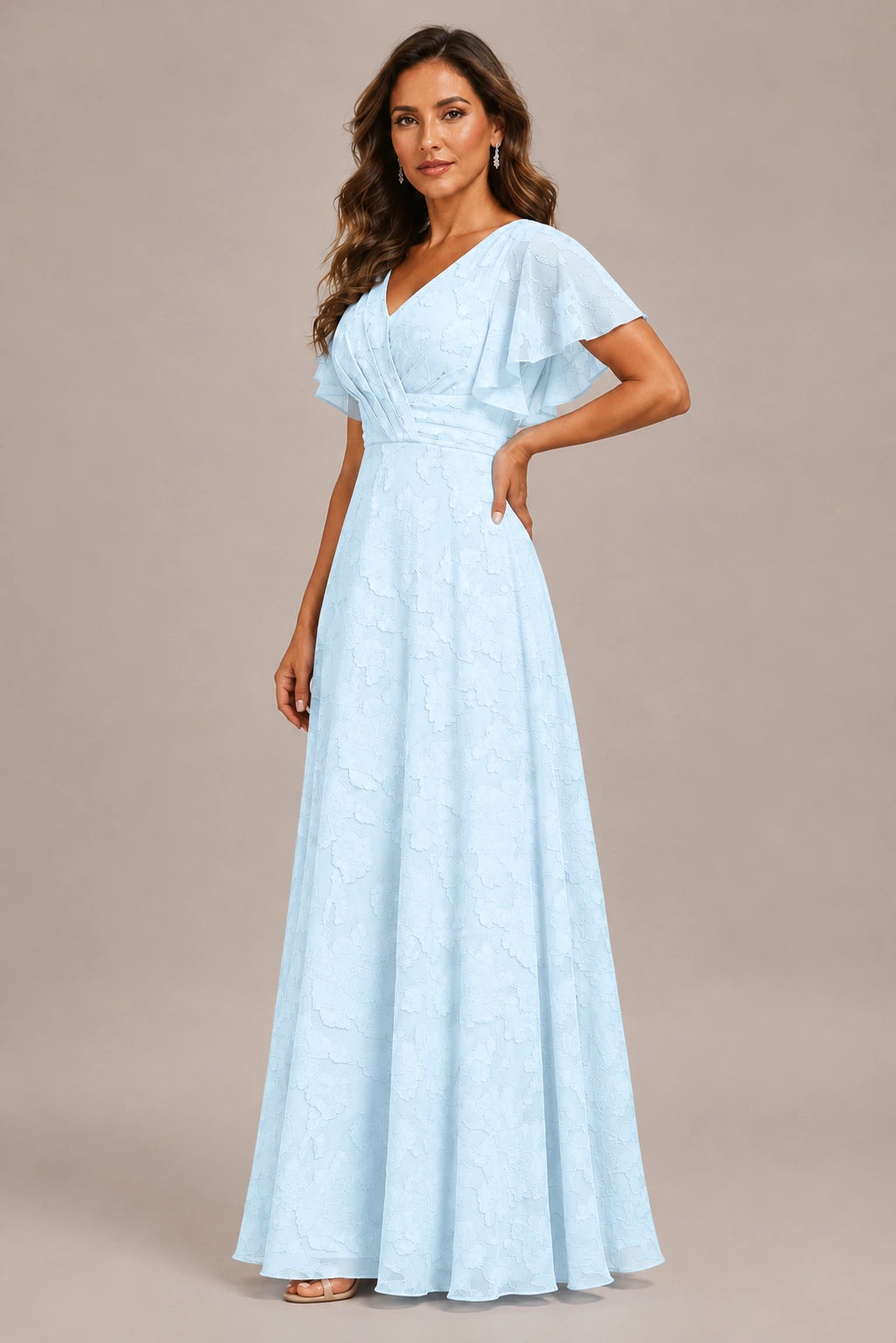 Jovellee Floral Chiffon A-Line Mother of the Bride Dress with Flutter Sleeves