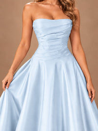 Blush Pink Strapless Satin A-Line Prom Dress with Ruched Bodice