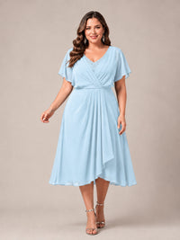 Navy Blue A-Line V-Neck Tea-Length Mother of the Bride Dress