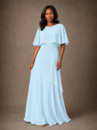 Taupe Chiffon A-Line Mother of the Bride Dress with Cape Sleeves