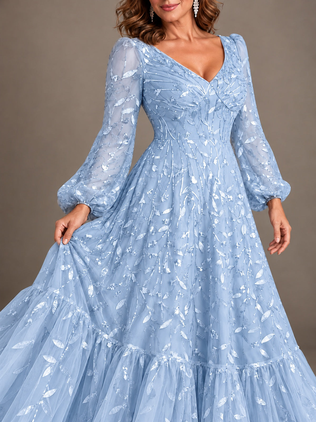 Floral Sequin Embroidered A-Line Mother of the Bride Dress with Long Sleeves