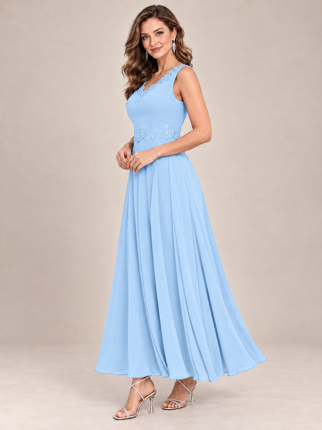 Dusty Blue Floral Lace Chiffon Mother of the Bride Dress with Jacket