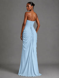 Strapless Bodycon Pleated Chiffon Formal Dress with Slit