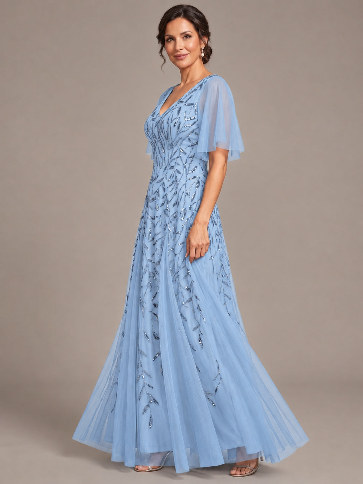 V-Neck Sequin Tulle Mother of the Bride Dress with Flutter Sleeve