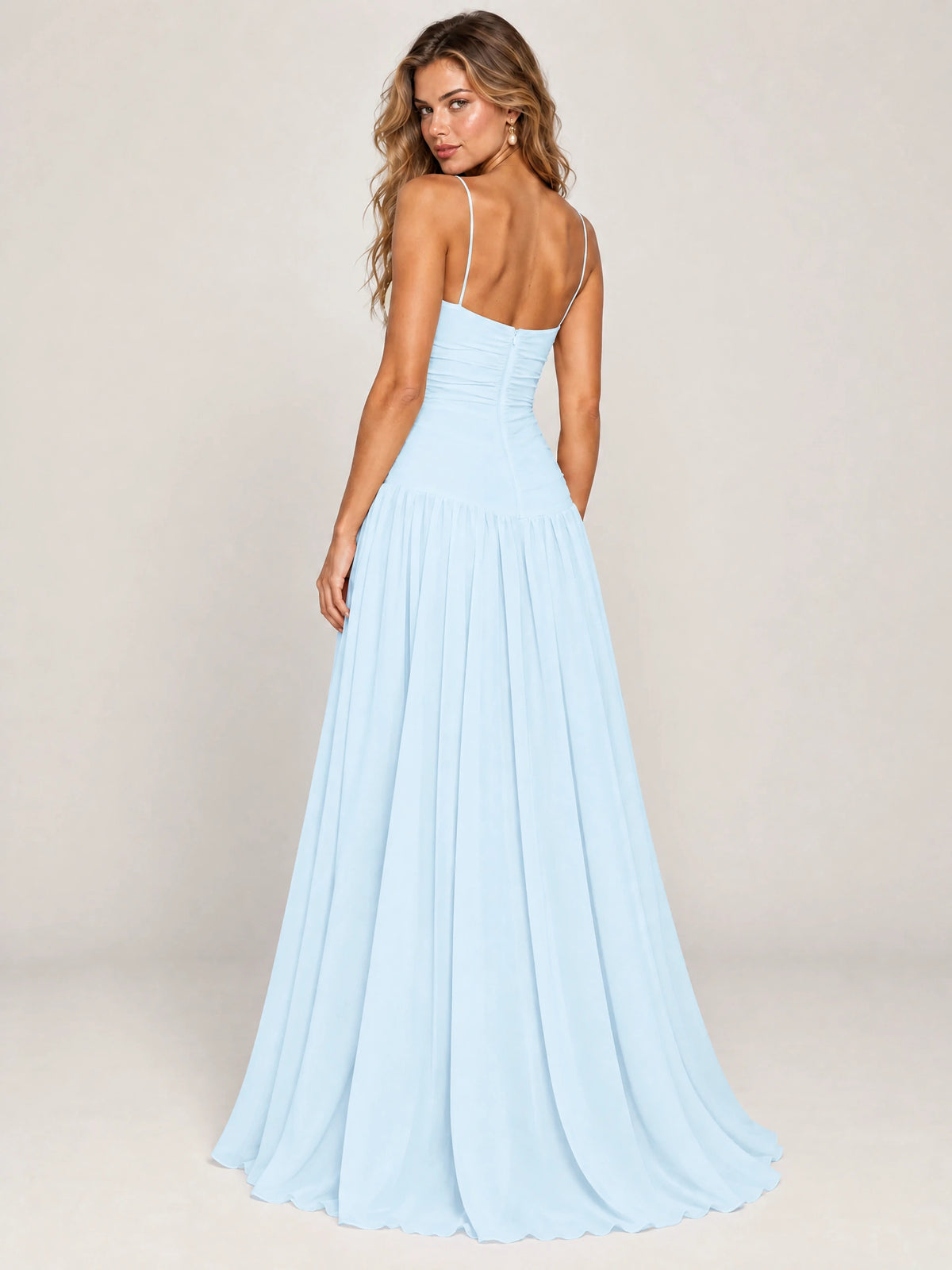 Butter Yellow Ruched Spaghetti Strap Drop-Waist Prom Dress