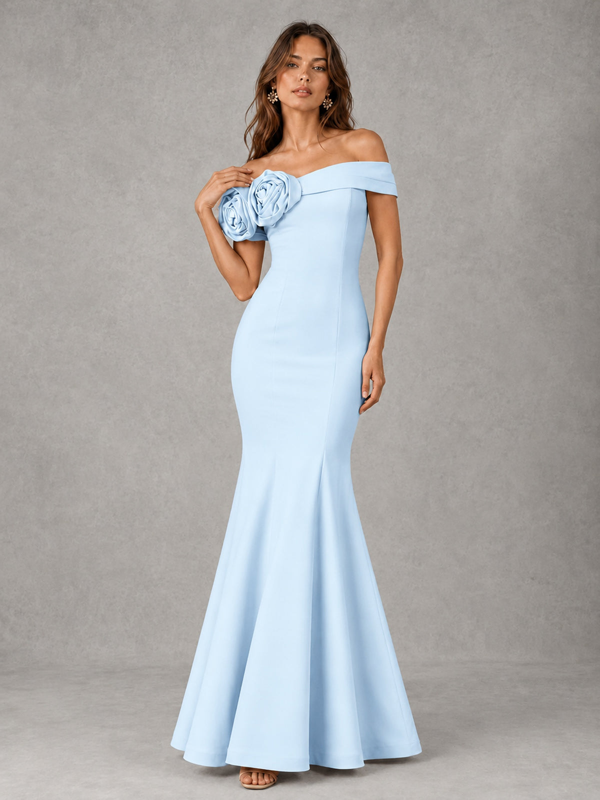 Blush Pink Off Shoulder Mermaid Bridesmaid Dress with Floral Rosette
