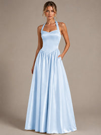 Light Yellow Halter Neck Satin A-Line Maxi Dress with Pockets