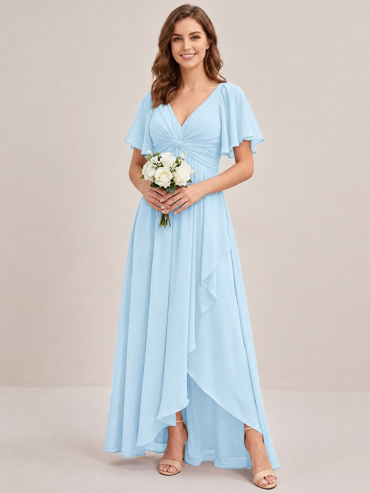 Dusty Blue Chiffon Bridesmaid Dress with Flutter Sleeves & High-Low Hem