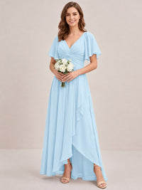 Dusty Blue Chiffon Bridesmaid Dress with Flutter Sleeves & High-Low Hem