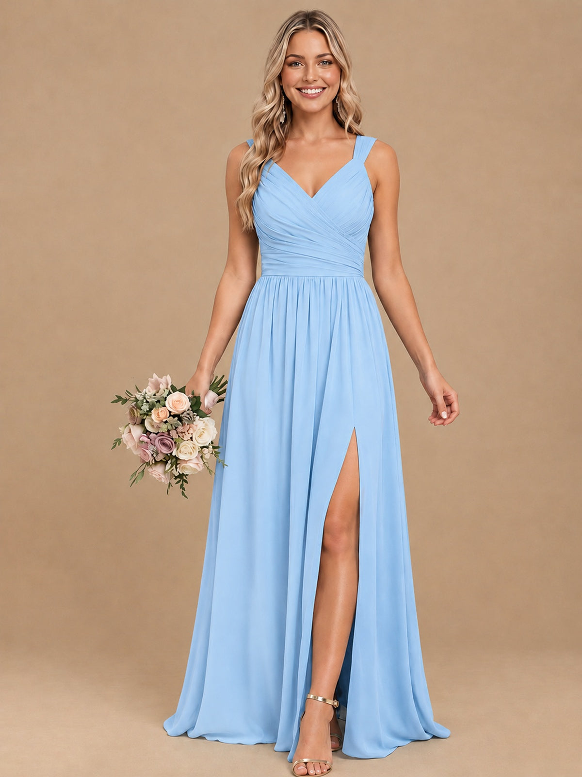Pleated Chiffon V Neck Wedding Bridesmaid Dresses Floor Length with Slit
