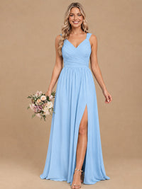 Pleated Chiffon V Neck Wedding Bridesmaid Dresses Floor Length with Slit