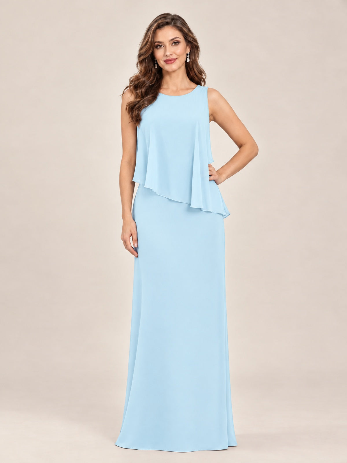 Cape Sleeve Mother of the Bride Dress with Asymmetrical Overlay