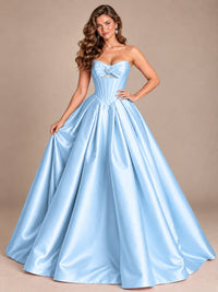 Pink Strapless Corset Satin Prom Derss & Ball Gown with 3D Floral