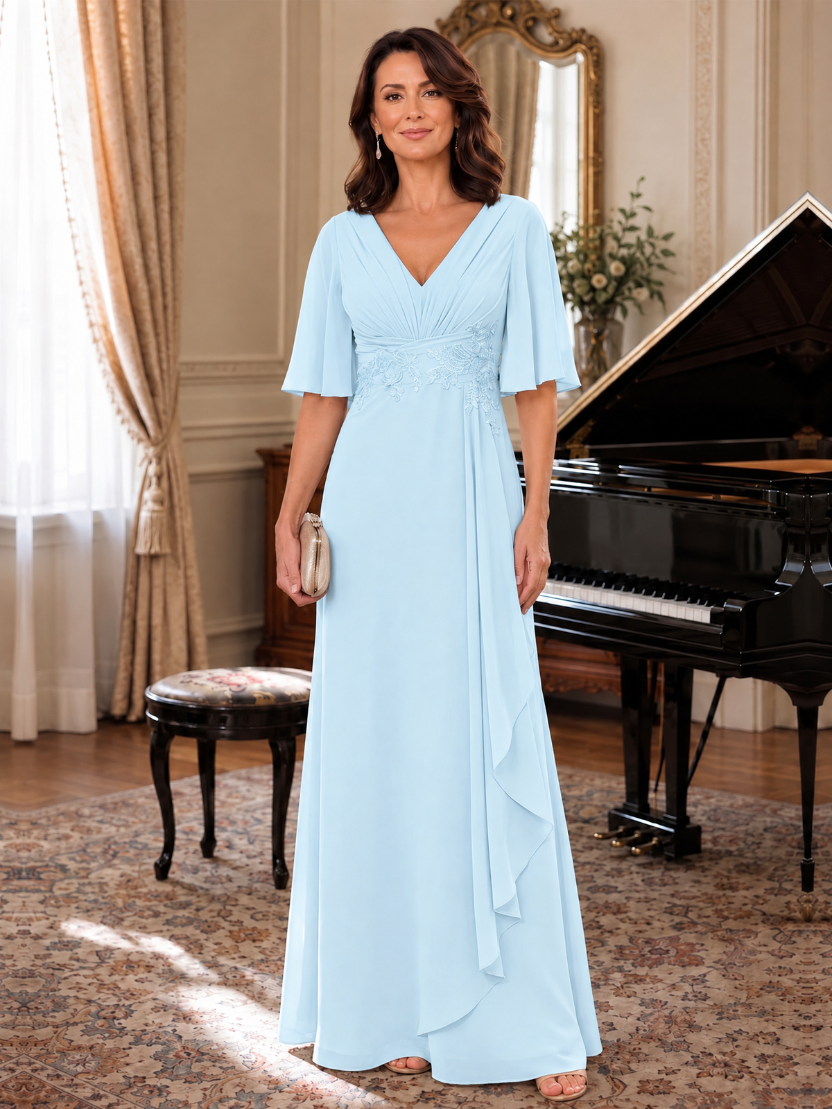 V-Neck Chiffon Lace Mother of the Bride Dresses