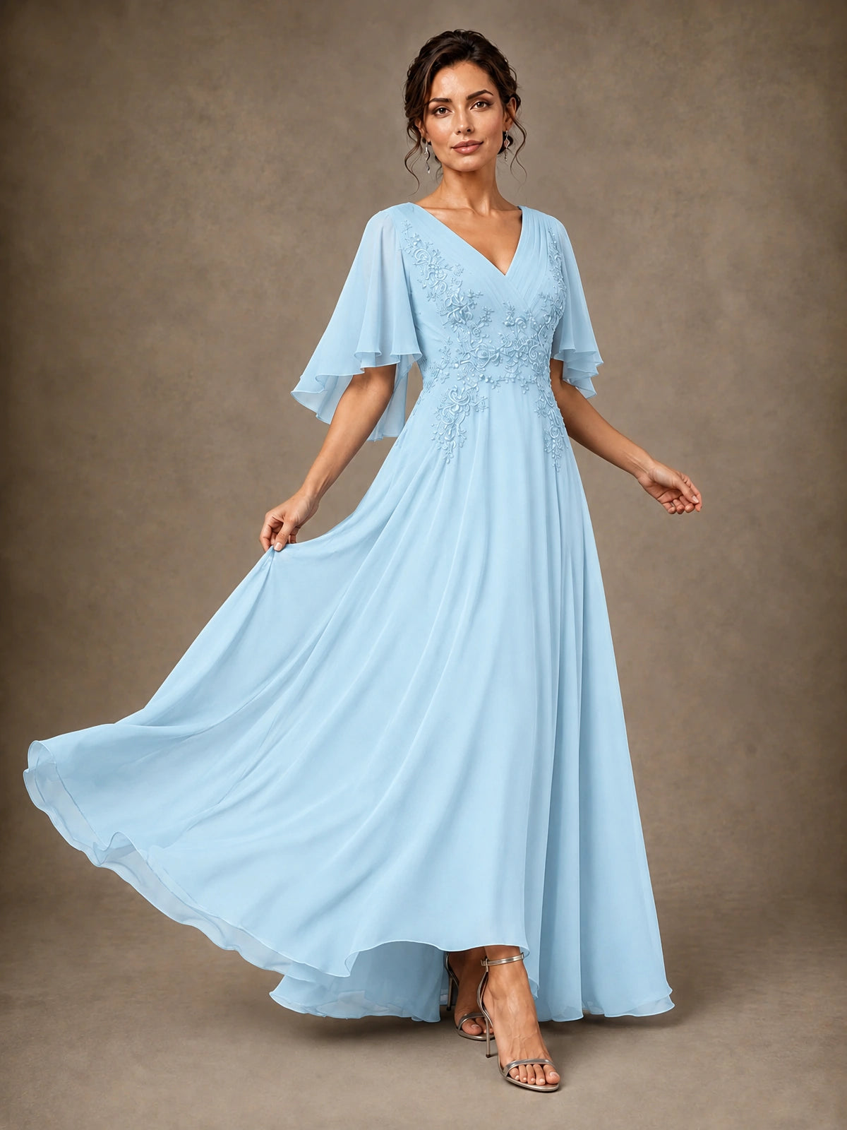 V-Neck Chiffon Lace Mother of the Bride Dress with Flutter Sleeves