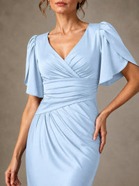 V-Neck Satin Mother of the Bride Dress with Flutter Sleeves