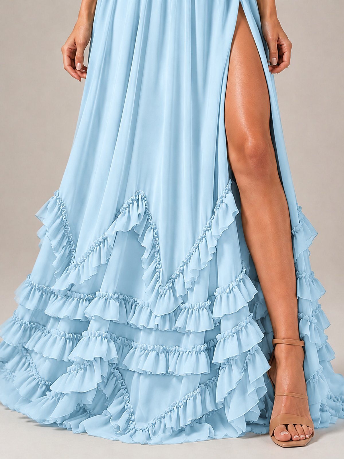 Halter V Neck Chiffon Formal Dress with Lace-Up Back and Ruffle Hem