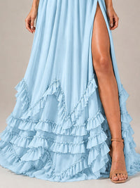 Halter V Neck Chiffon Formal Dress with Lace-Up Back and Ruffle Hem