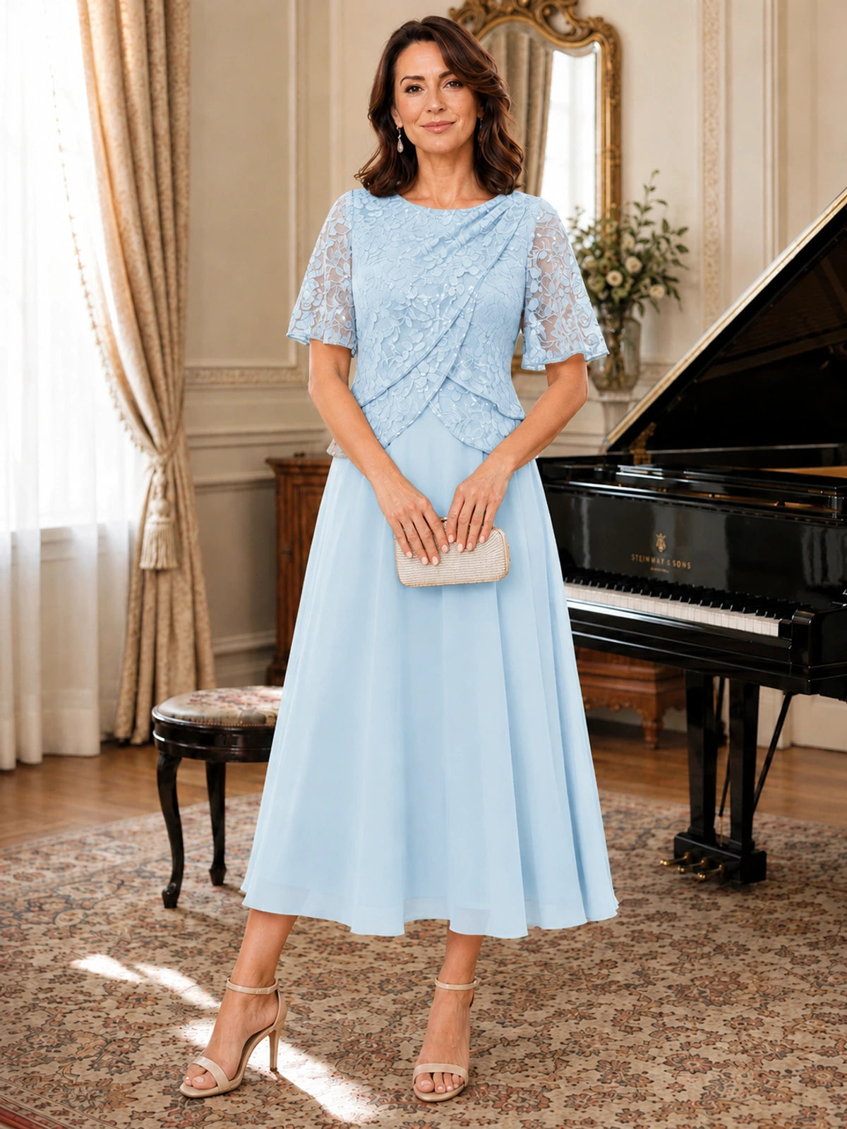 Tea-Length Chiffon Mother of the Bride Dress with Sequin Lace Sleeves
