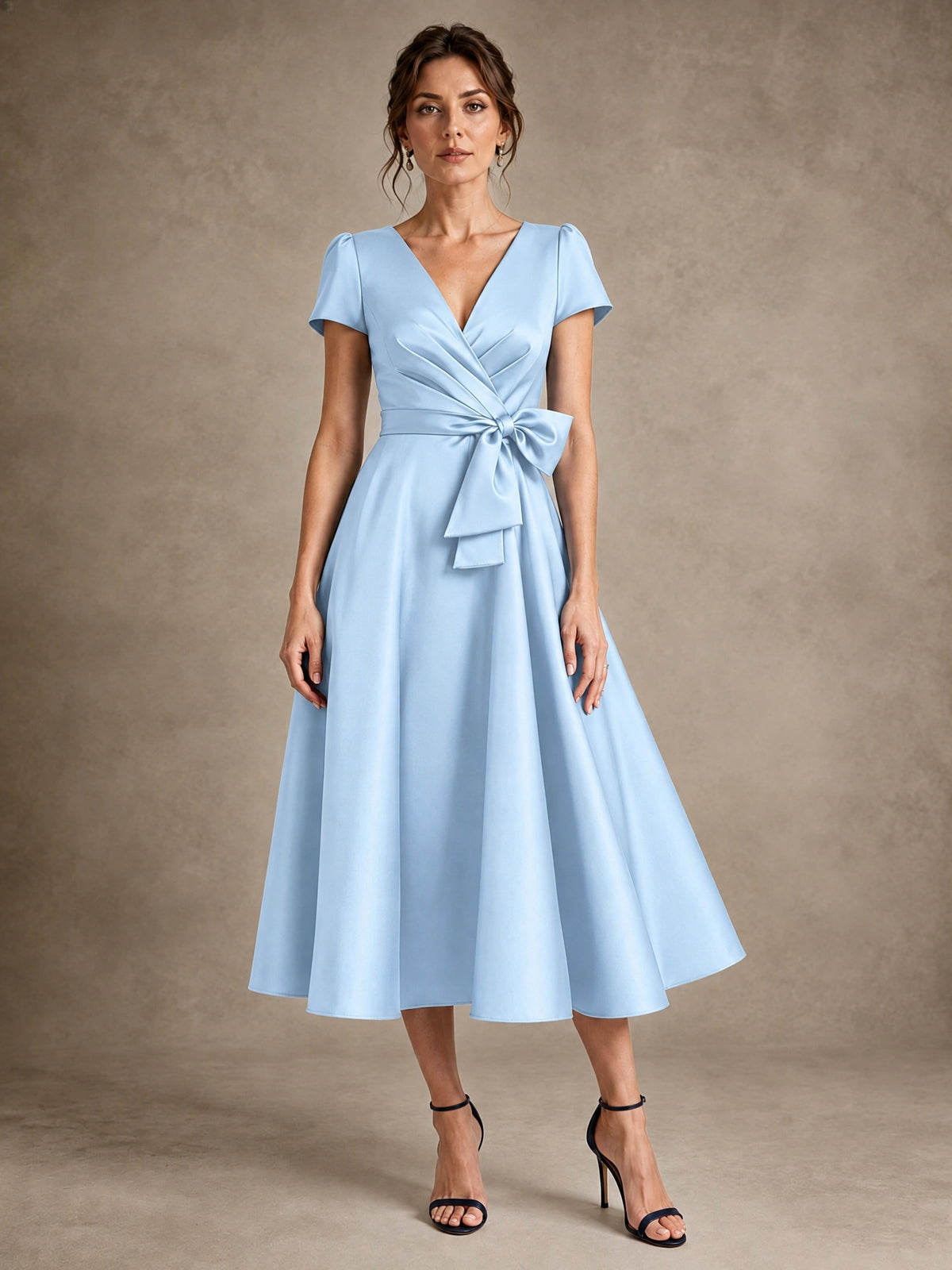 Light Blue V-Neck Tea-Length Satin Mother of the Bride Dress with Bow Jovellee