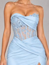 Strapless Satin Prom Dress with Sheer Lace Corset & High Slit
