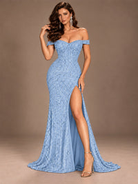 Off the Shoulder Corset Sequin Mermaid Prom Dress with Slit