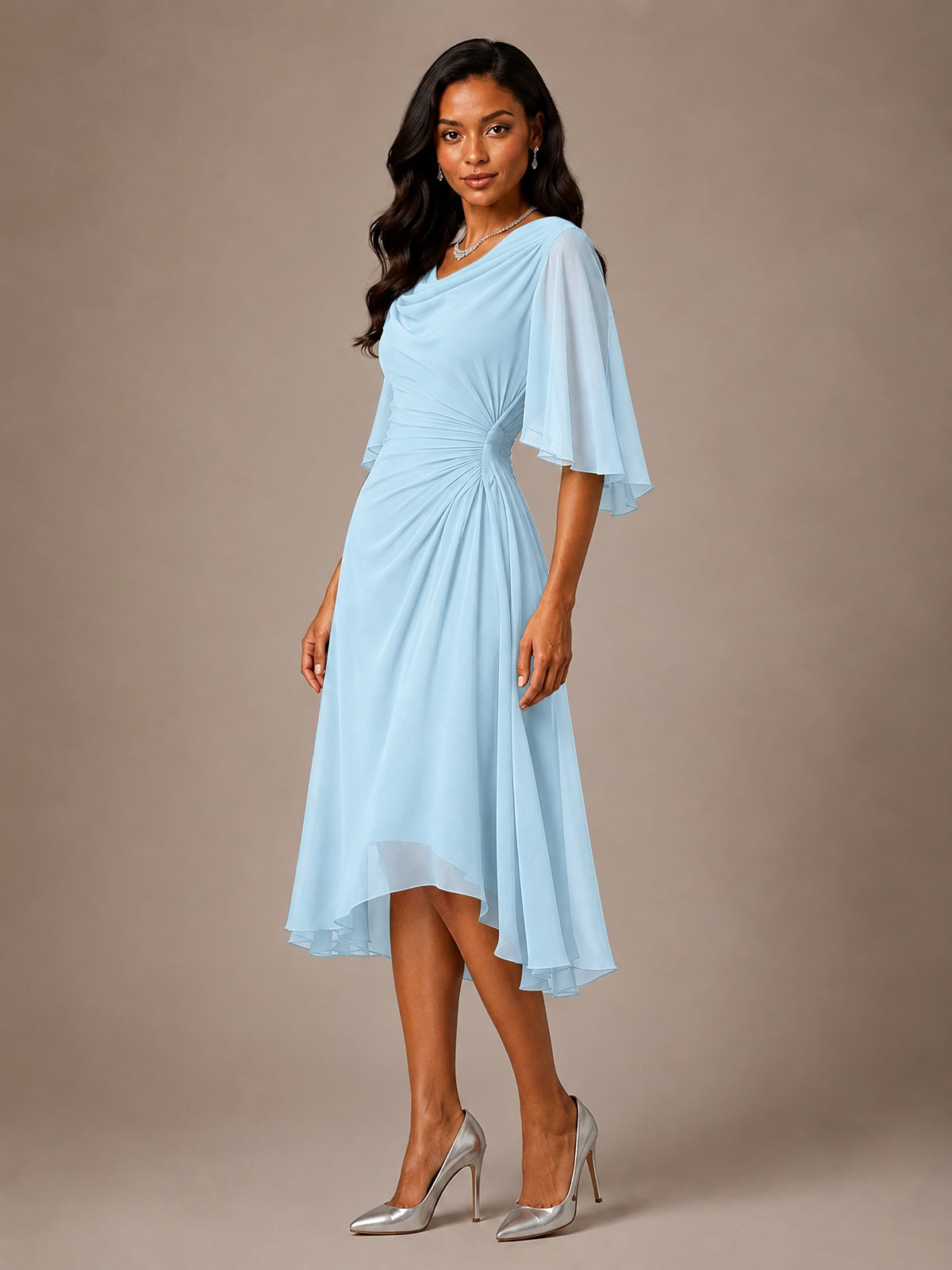 Cowl Neck Ruched Chiffon Mother of the Bride Dresses with Flutter Sleeves