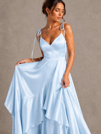 Lavender Satin V-Neck Ruffle Maxi Dress