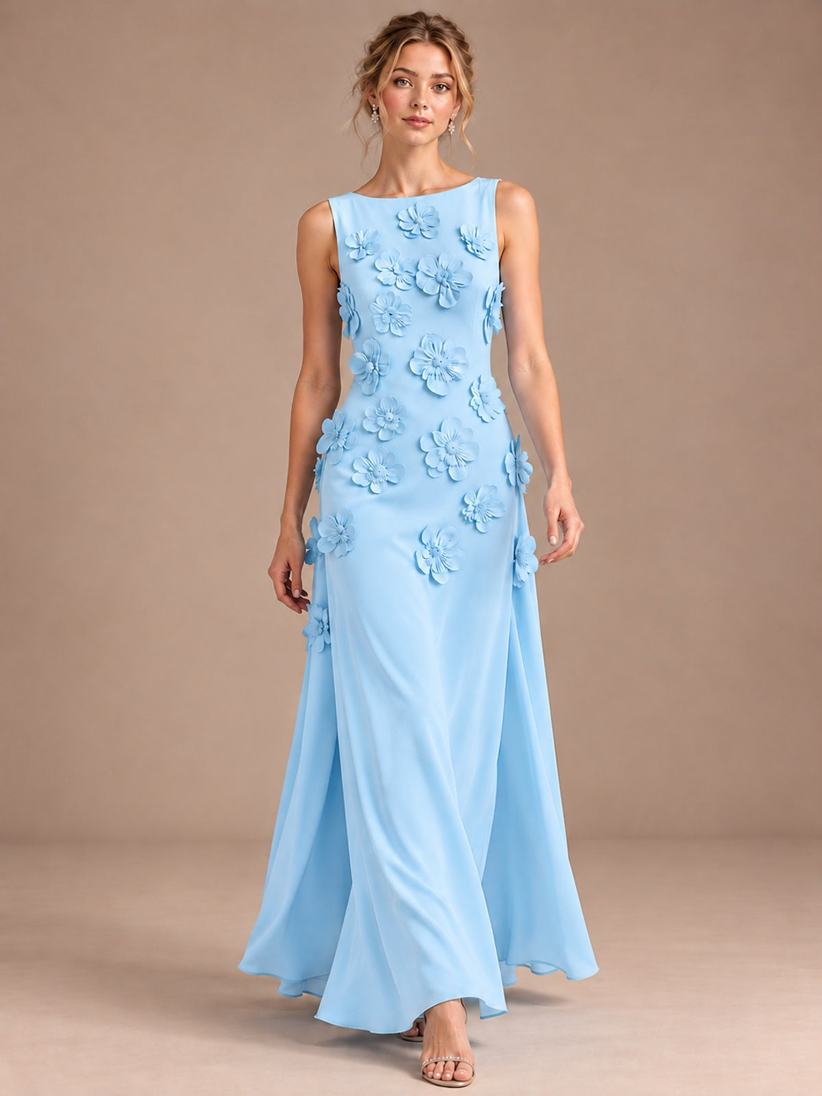 3D Floral Applique Sleeveless Formal Maxi Dress