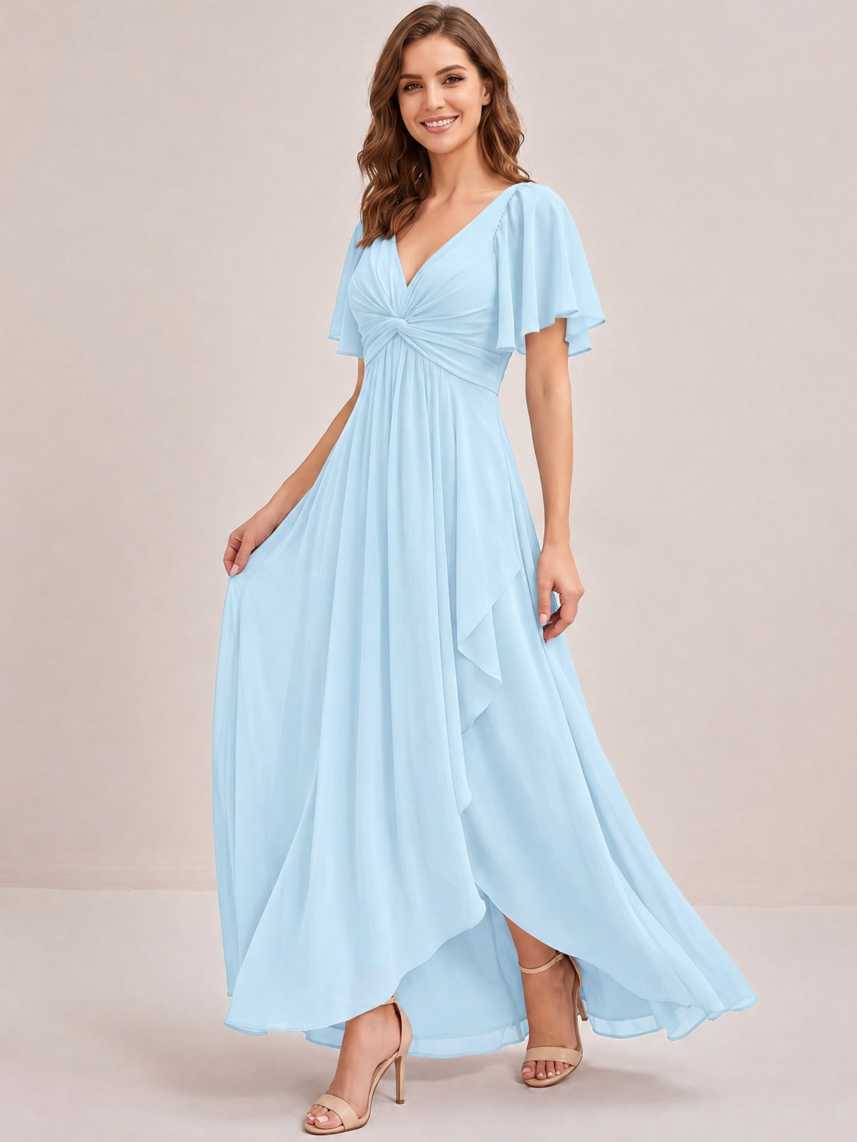 Dusty Blue Chiffon Bridesmaid Dress with Flutter Sleeves & High-Low Hem